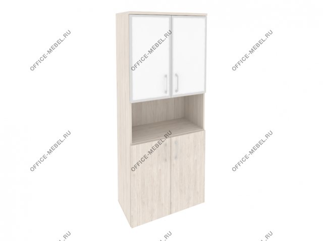 Шкаф высокий широкий (2 низких фасада ЛДСП + 2 низких фасада стекло лакобель в раме) O.ST-1.4R white на Office-mebel.ru
